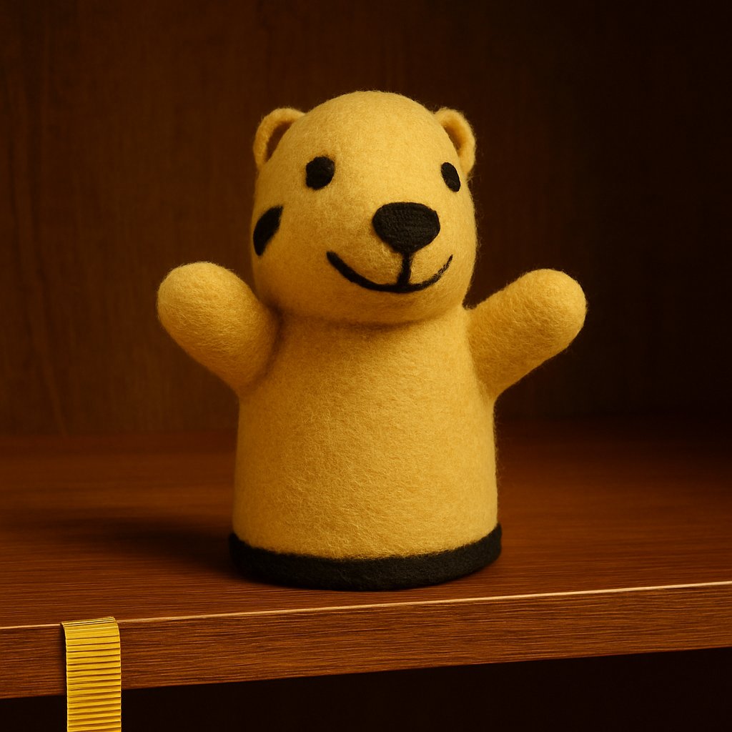 Loyal Badger puppet on a wooden shelf with a yellow ribbon edge